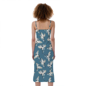 Flying Crane Bird Pattern Print Slim Fit Midi Cami Dress