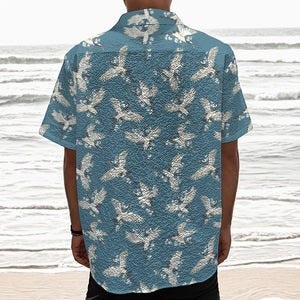 Flying Crane Bird Pattern Print Textured Short Sleeve Shirt