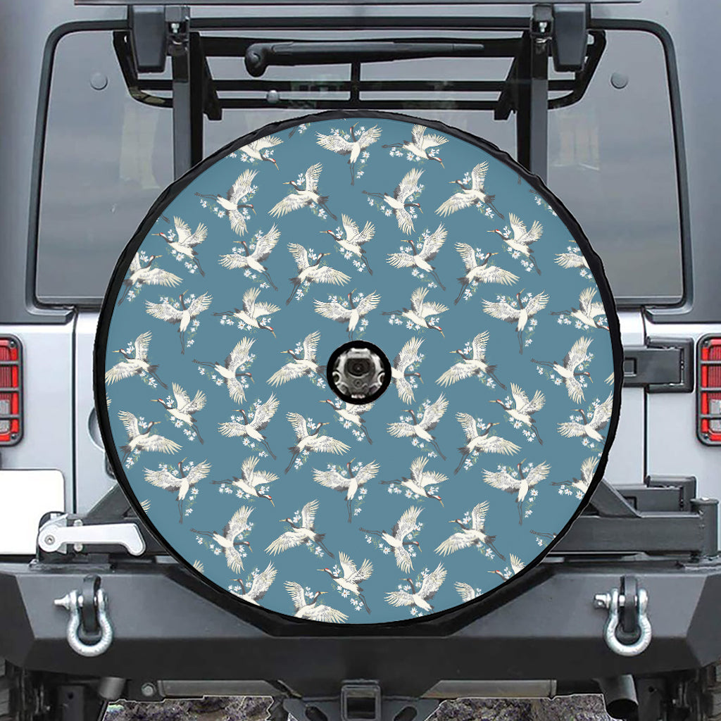 Flying Crane Bird Pattern Print Tire Cover With Camera Hole