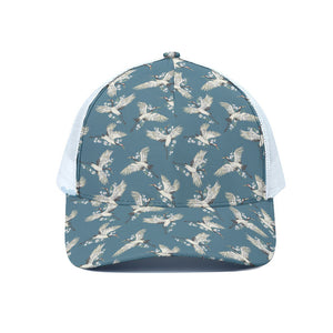 Flying Crane Bird Pattern Print White Mesh Trucker Cap