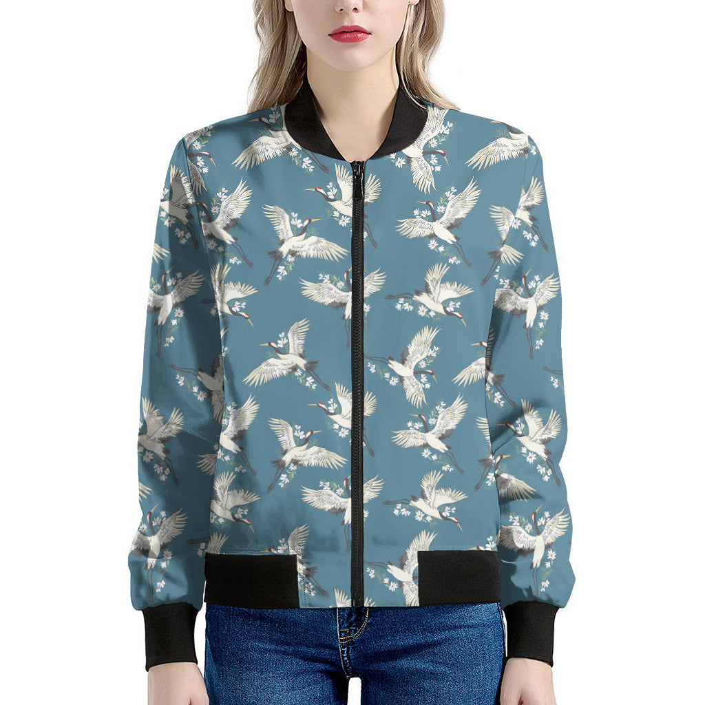 Flying Crane Bird Pattern Print Women's Bomber Jacket