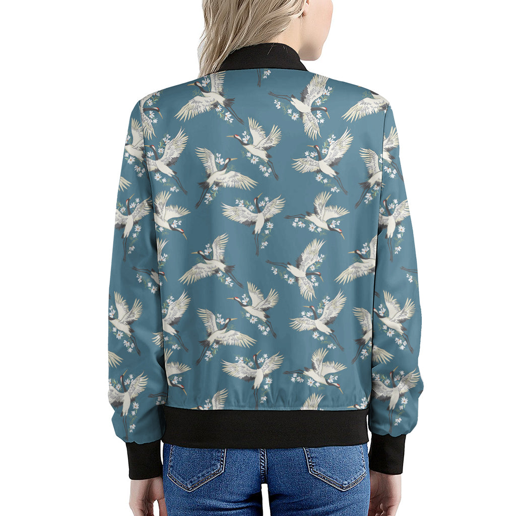 Flying Crane Bird Pattern Print Women's Bomber Jacket