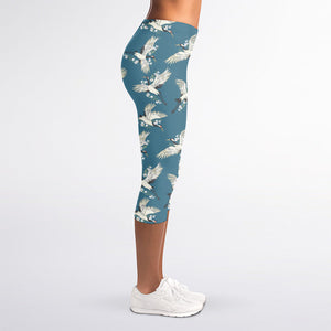 Flying Crane Bird Pattern Print Women's Capri Leggings