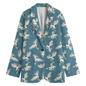 Flying Crane Bird Pattern Print Women's Cotton Blazer