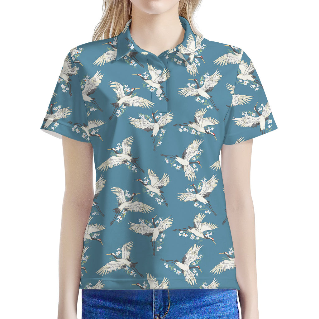 Flying Crane Bird Pattern Print Women's Polo Shirt