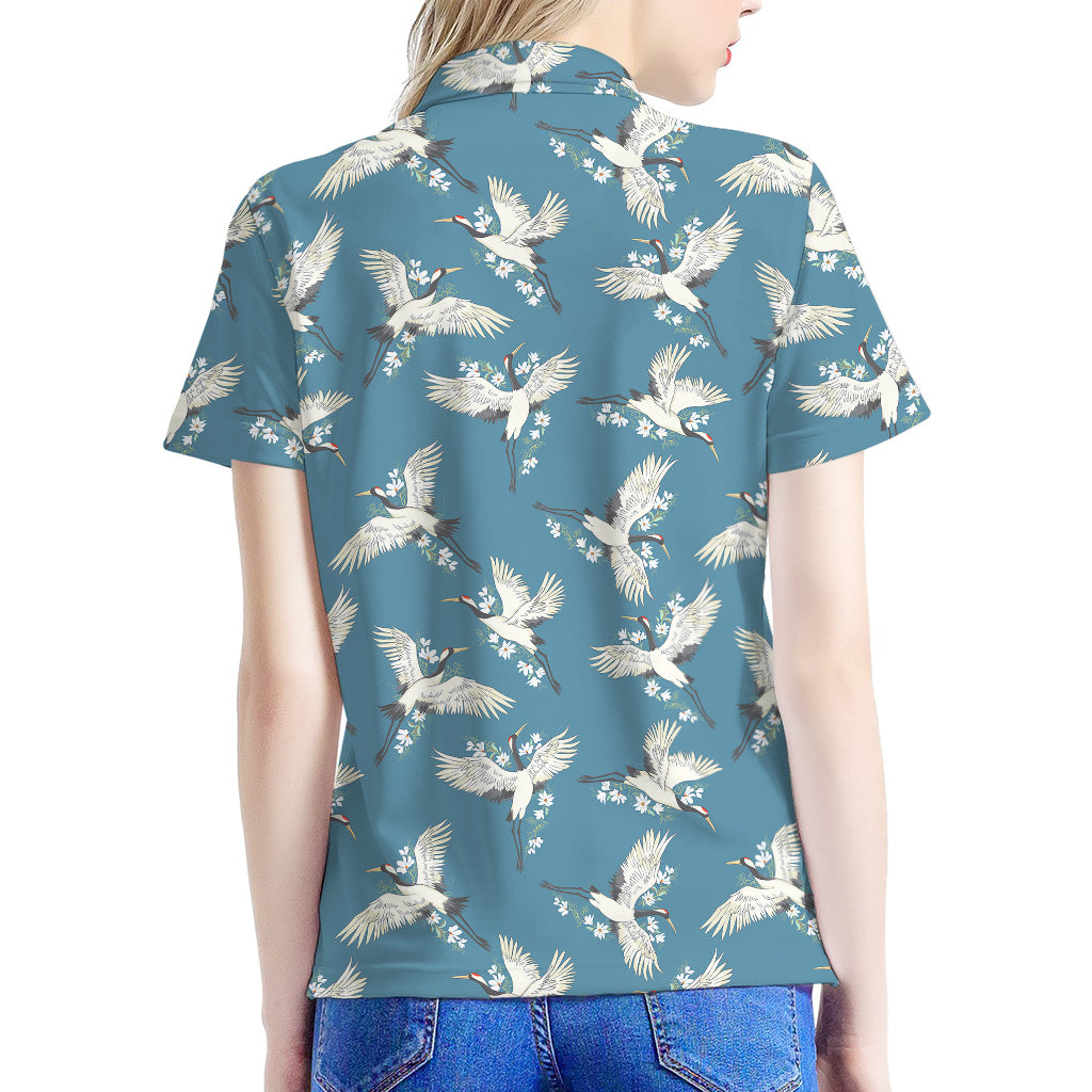 Flying Crane Bird Pattern Print Women's Polo Shirt