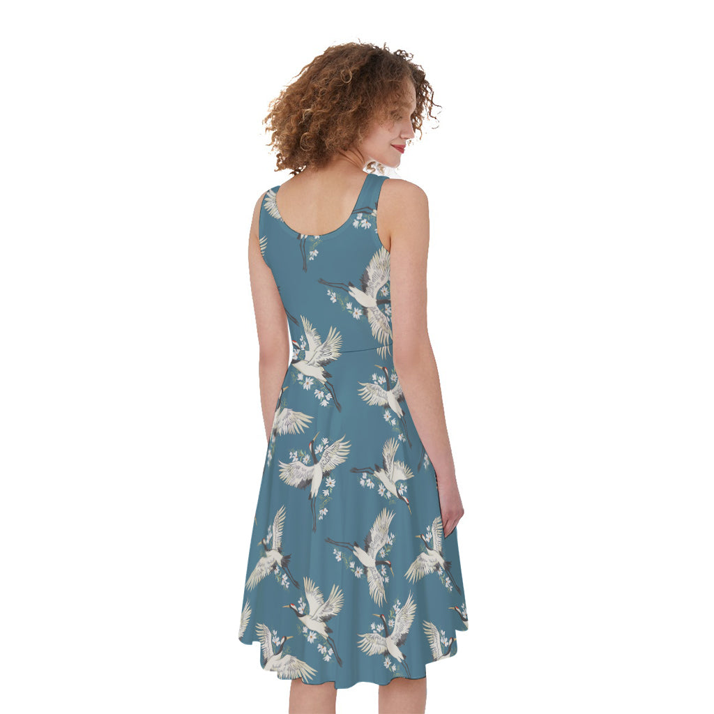 Flying Crane Bird Pattern Print Women's Sleeveless Dress