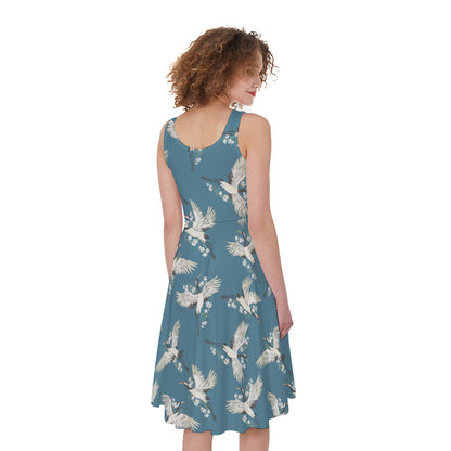 Flying Crane Bird Pattern Print Women's Sleeveless Dress