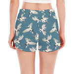 Flying Crane Bird Pattern Print Women's Split Running Shorts