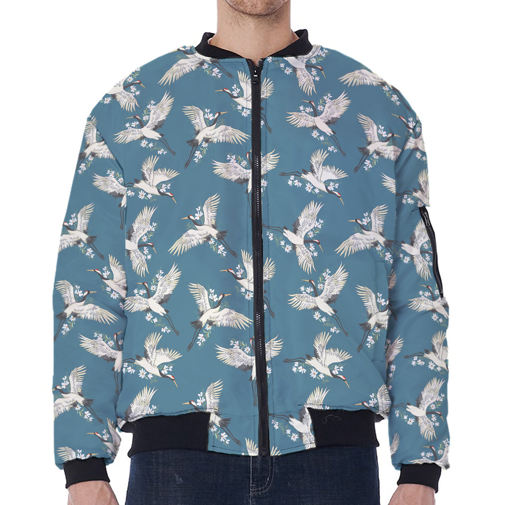 Flying Crane Bird Pattern Print Zip Sleeve Bomber Jacket