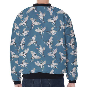 Flying Crane Bird Pattern Print Zip Sleeve Bomber Jacket