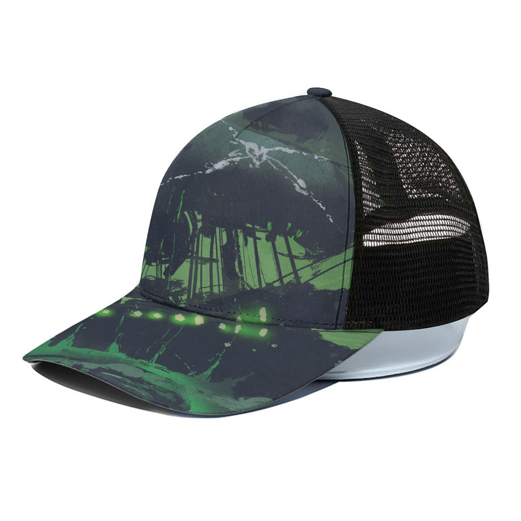 Flying Dutchman Ghost Pirate Ship Print Black Mesh Trucker Cap