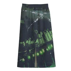 Flying Dutchman Ghost Pirate Ship Print Cotton Front Slit Maxi Skirt