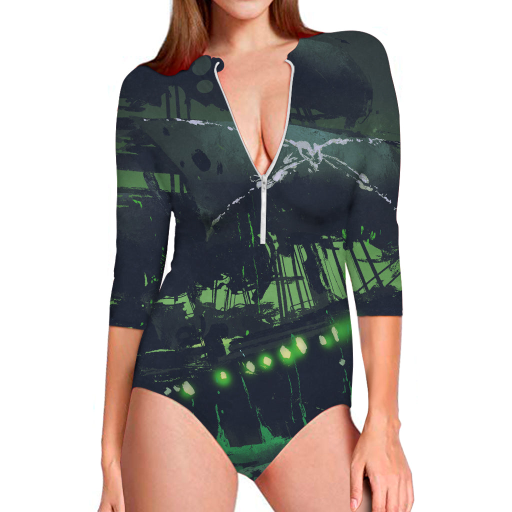 Flying Dutchman Ghost Pirate Ship Print Long Sleeve Swimsuit