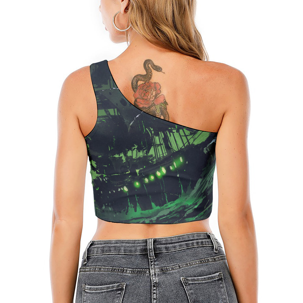 Flying Dutchman Ghost Pirate Ship Print One Shoulder Crop Top