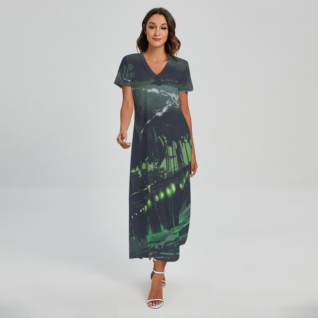 Flying Dutchman Ghost Pirate Ship Print Short Sleeve Maxi Dress