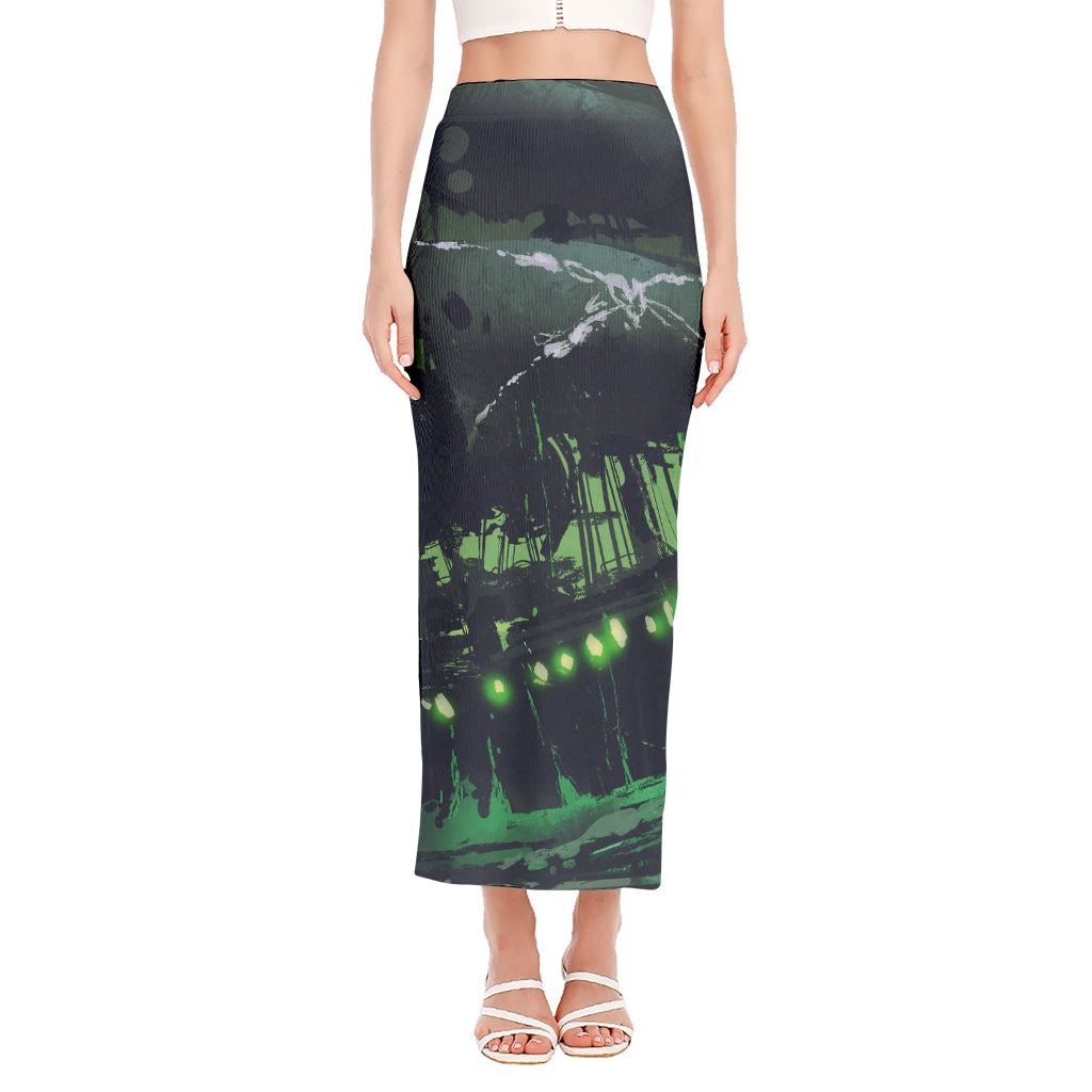 Flying Dutchman Ghost Pirate Ship Print Side Slit Maxi Skirt