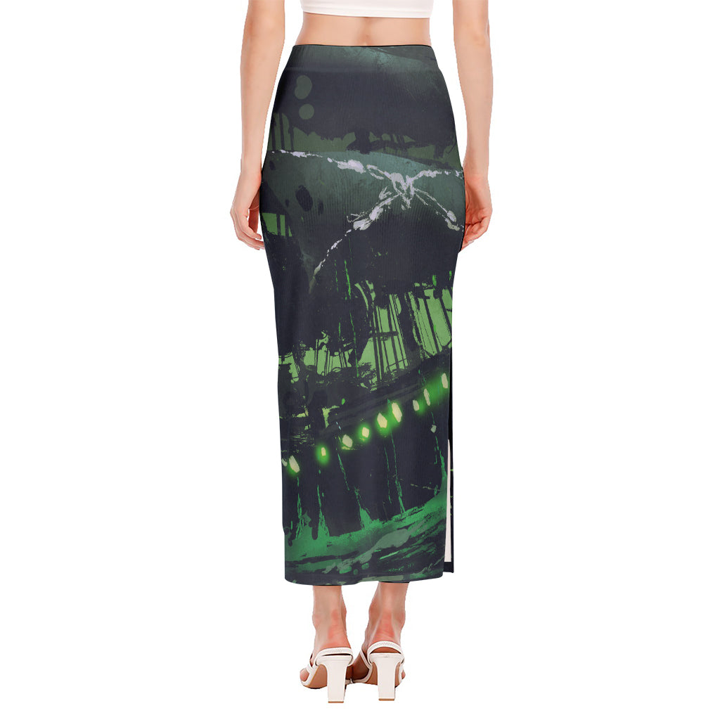 Flying Dutchman Ghost Pirate Ship Print Side Slit Maxi Skirt