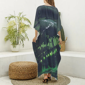 Flying Dutchman Ghost Pirate Ship Print Silk V-Neck Kaftan Dress