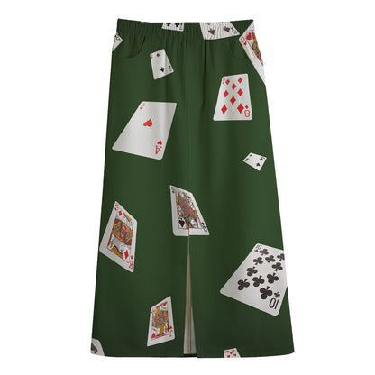 Flying Poker Cards Print Cotton Front Slit Maxi Skirt