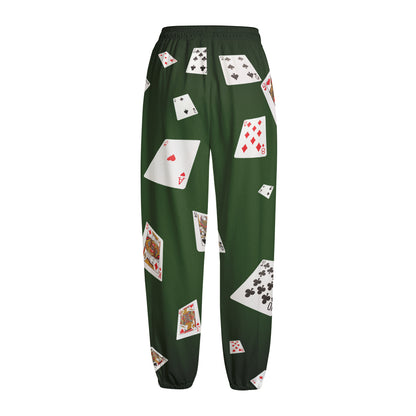 Flying Poker Cards Print Fleece Lined Knit Pants