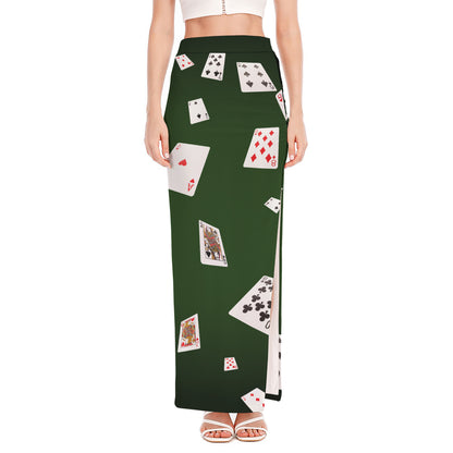 Flying Poker Cards Print High Slit Maxi Skirt