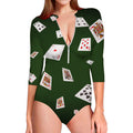 Flying Poker Cards Print Long Sleeve Swimsuit