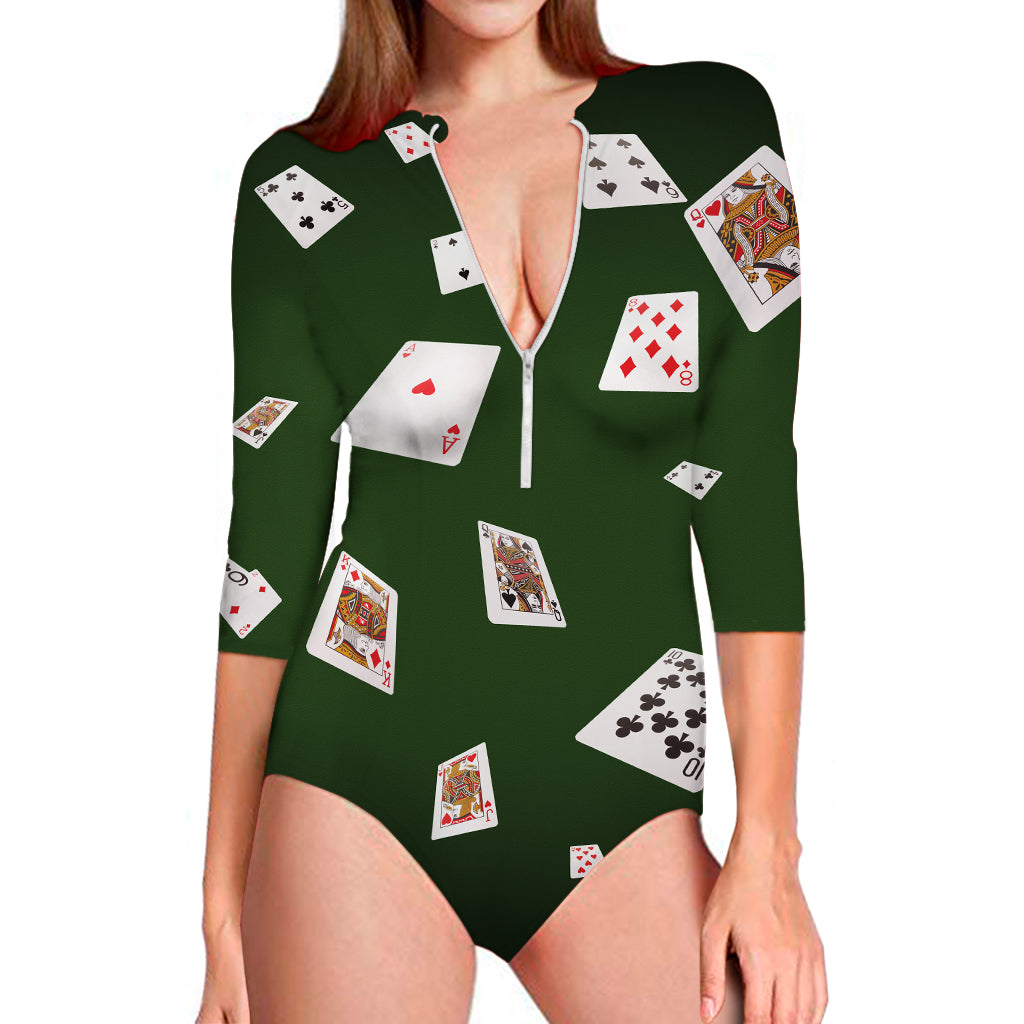Flying Poker Cards Print Long Sleeve Swimsuit