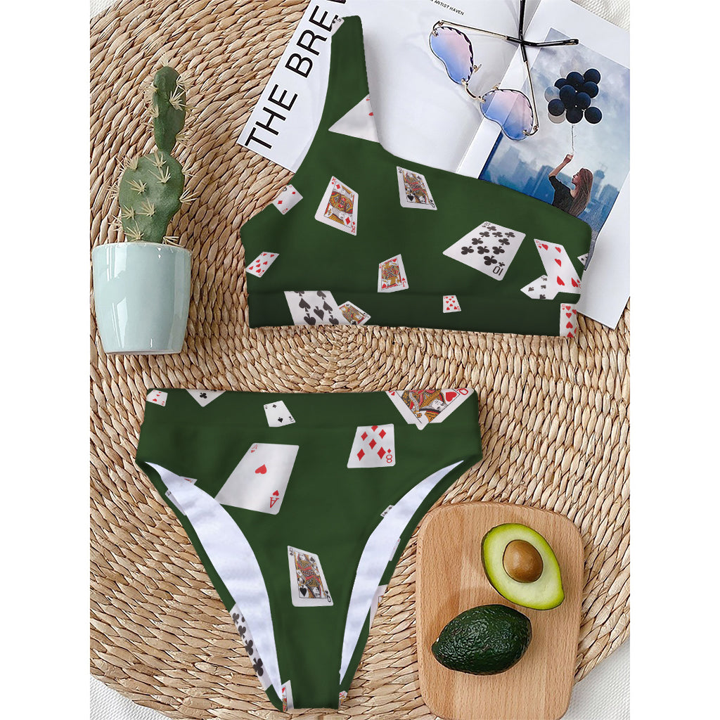 Flying Poker Cards Print One Shoulder Bikini Top