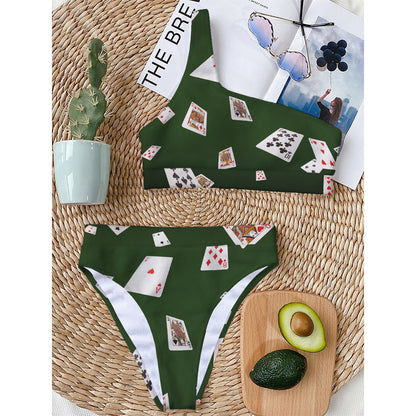 Flying Poker Cards Print One Shoulder Bikini Top