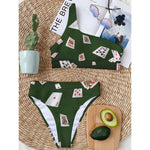 Flying Poker Cards Print One Shoulder Bikini Top