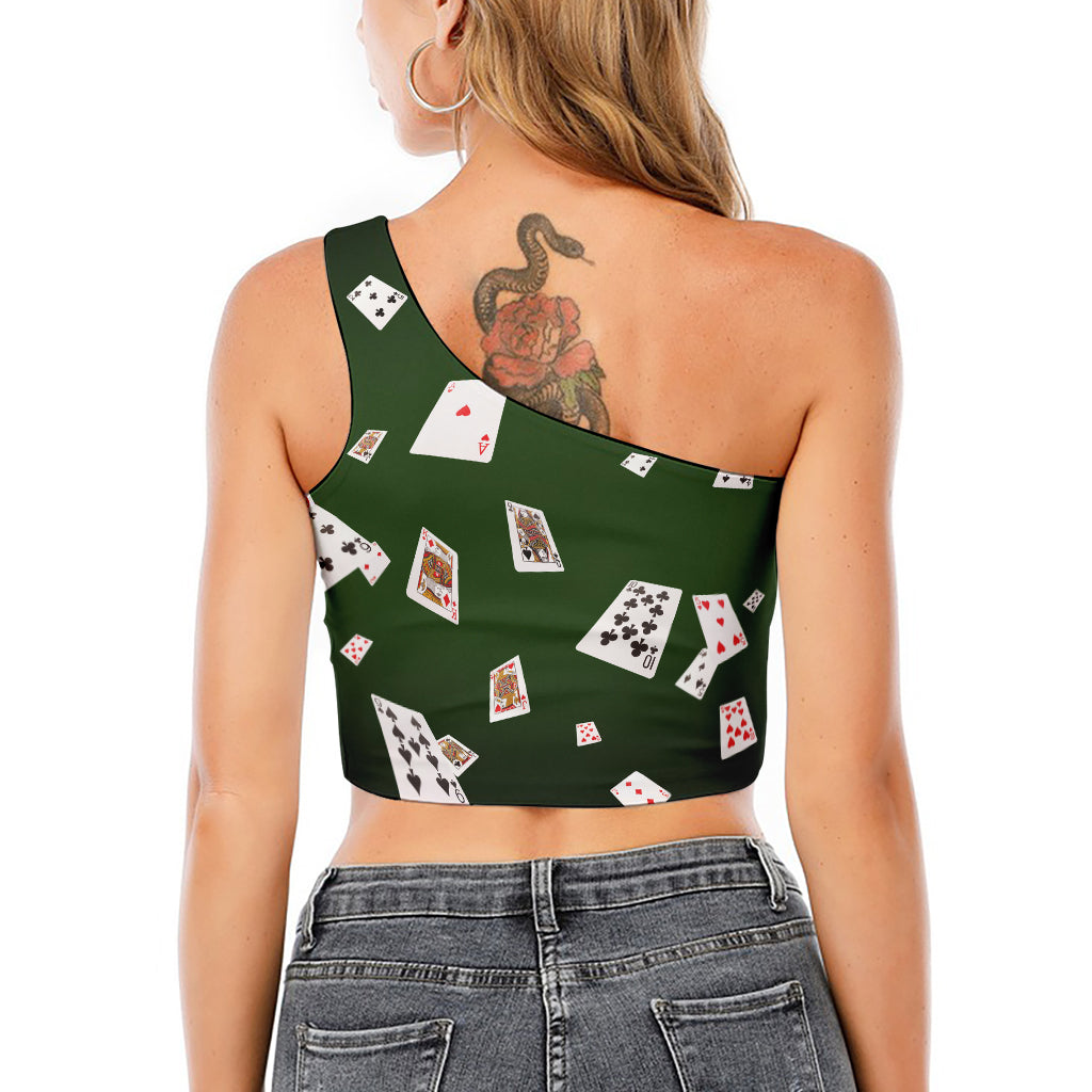 Flying Poker Cards Print One Shoulder Crop Top