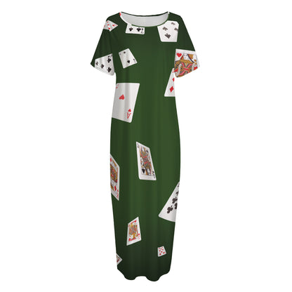 Flying Poker Cards Print Short Sleeve Long Nightdress