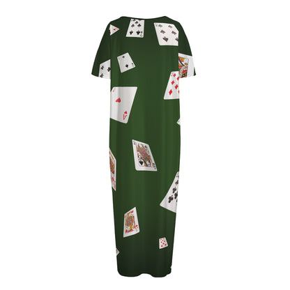 Flying Poker Cards Print Short Sleeve Long Nightdress
