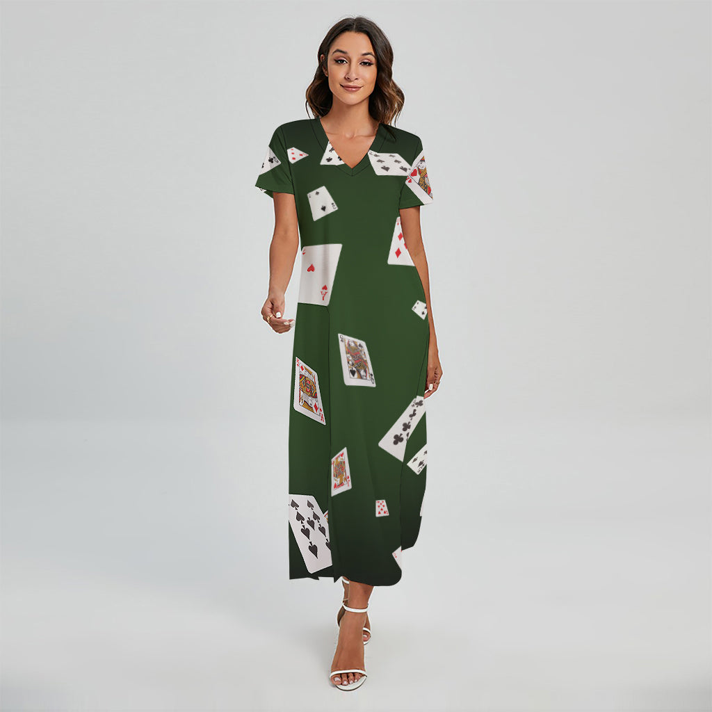 Flying Poker Cards Print Short Sleeve Maxi Dress