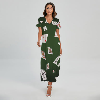 Flying Poker Cards Print Short Sleeve Maxi Dress
