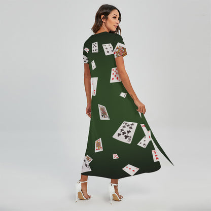 Flying Poker Cards Print Short Sleeve Maxi Dress