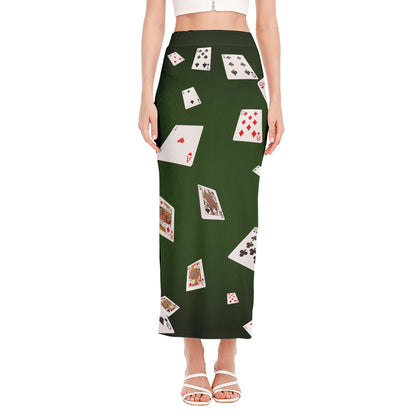 Flying Poker Cards Print Side Slit Maxi Skirt