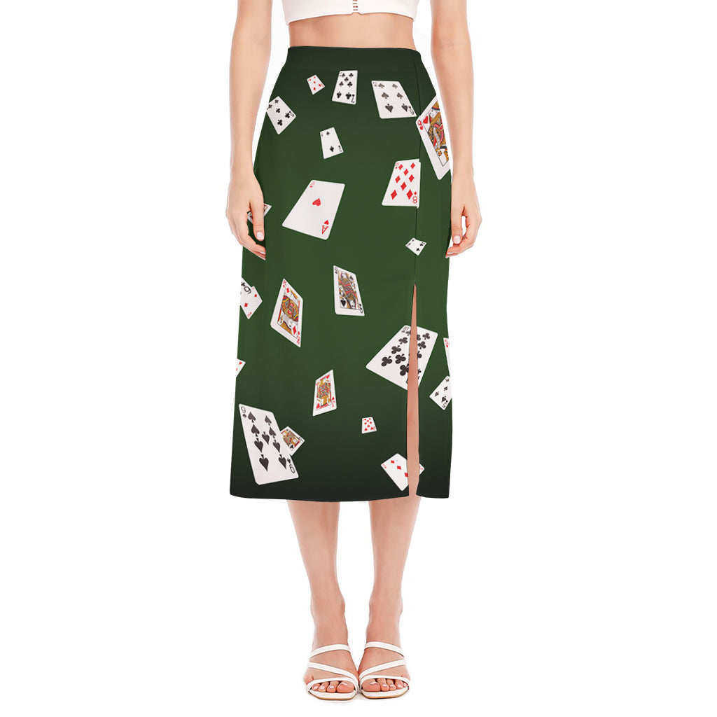 Flying Poker Cards Print Side Slit Midi Skirt