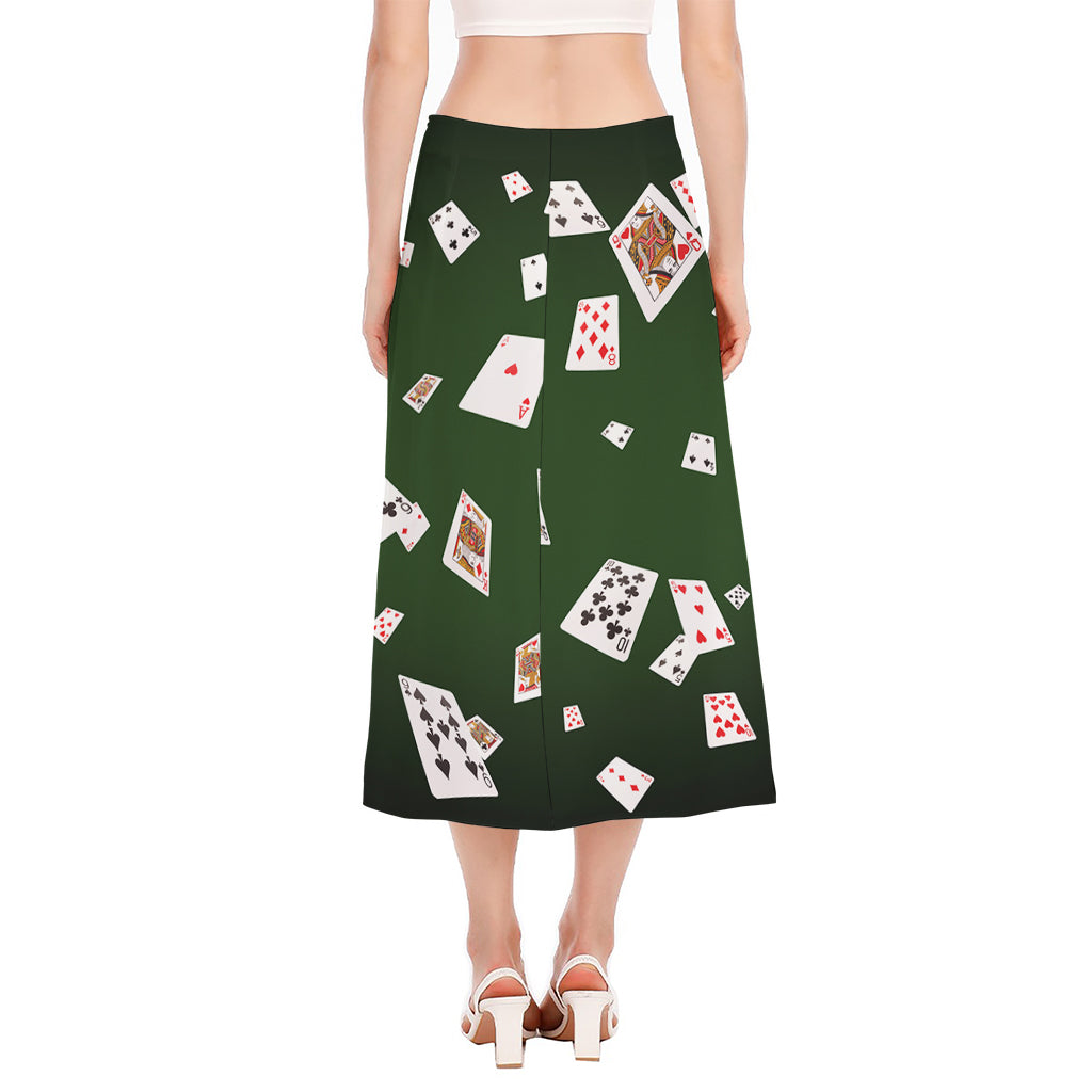 Flying Poker Cards Print Side Slit Midi Skirt