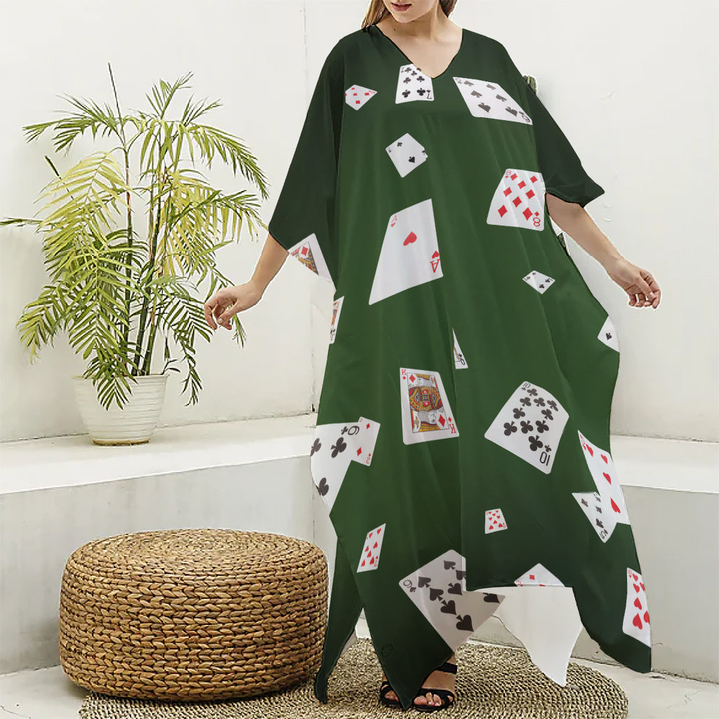 Flying Poker Cards Print Silk V-Neck Kaftan Dress