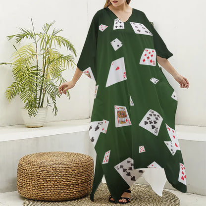 Flying Poker Cards Print Silk V-Neck Kaftan Dress