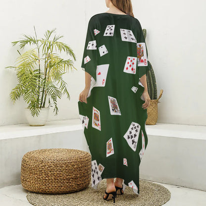 Flying Poker Cards Print Silk V-Neck Kaftan Dress
