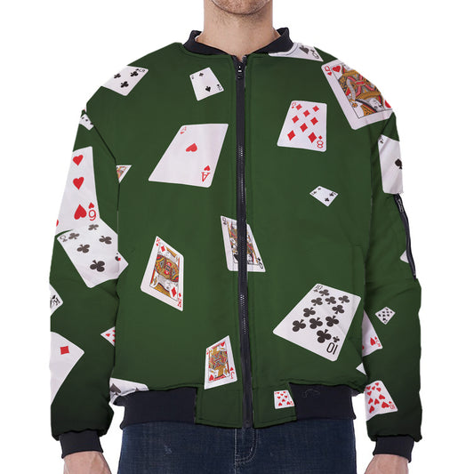 Flying Poker Cards Print Zip Sleeve Bomber Jacket