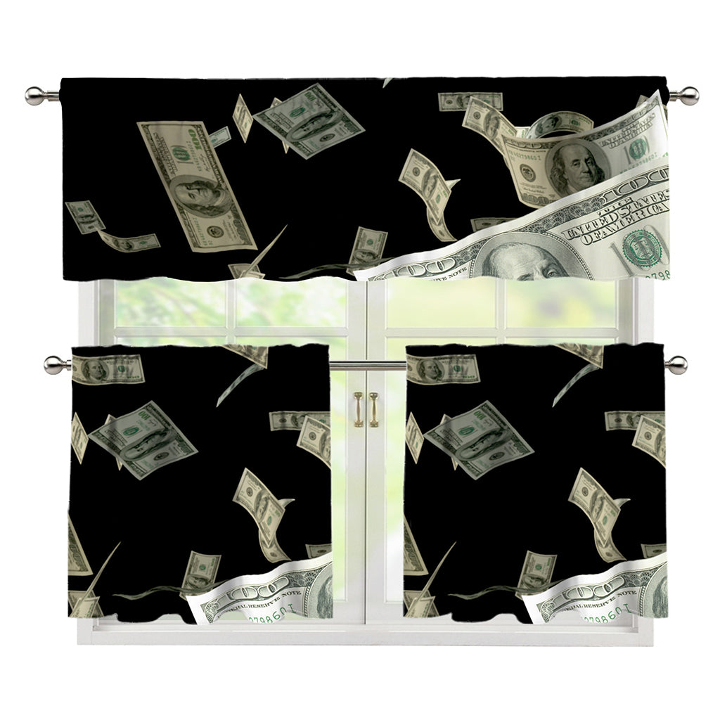Flying US Dollar Print 3 Piece Kitchen Curtains