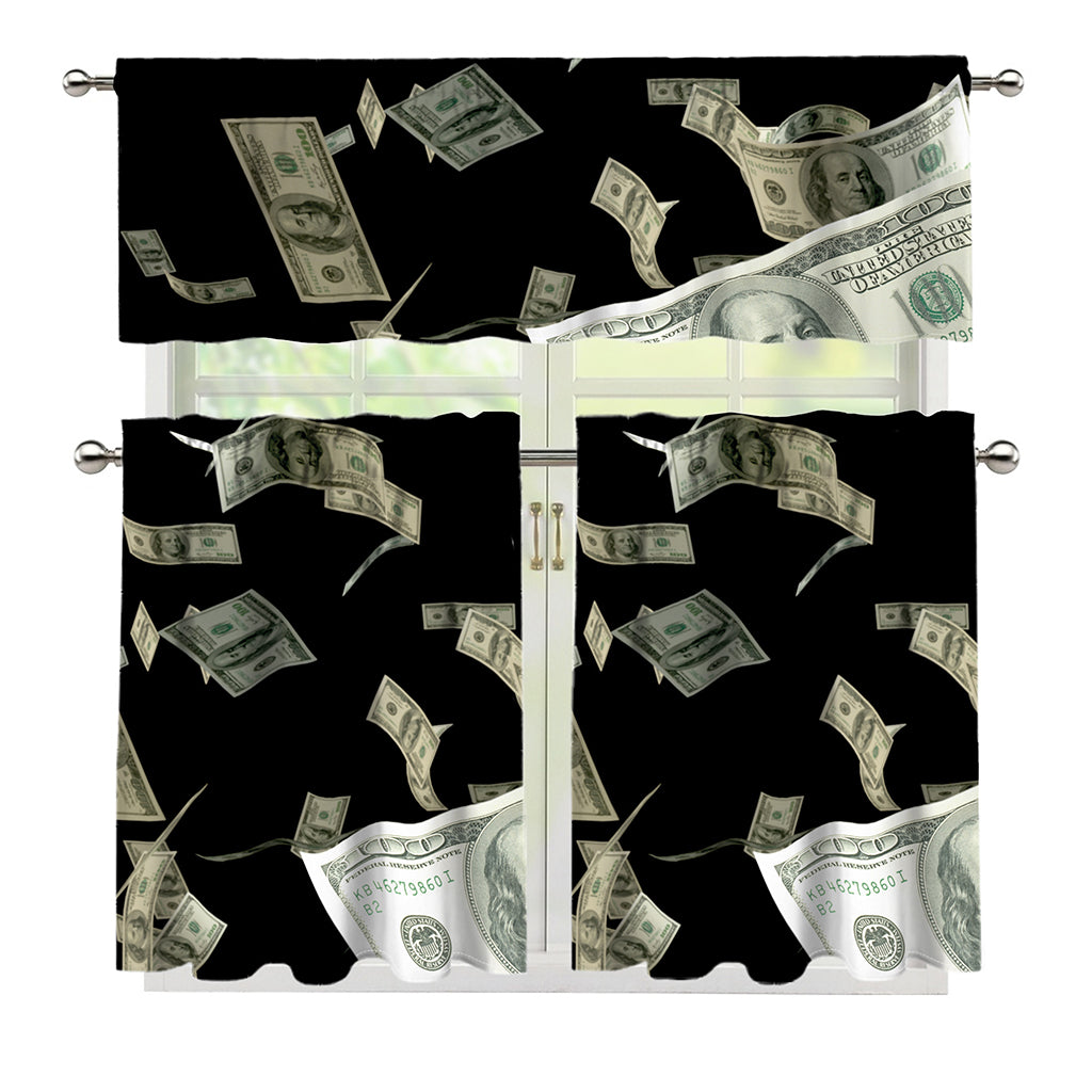Flying US Dollar Print 3 Piece Kitchen Curtains