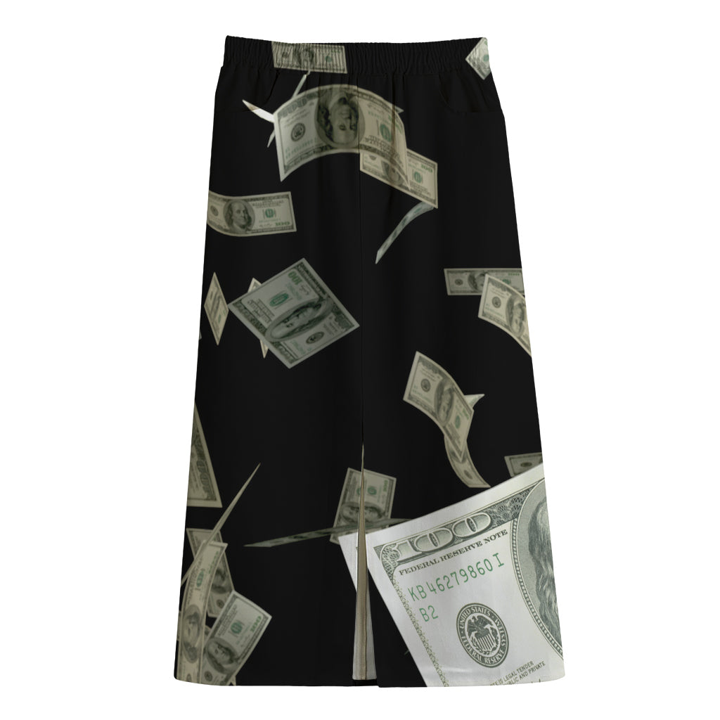 Flying US Dollar Print Cotton Front Slit Maxi Skirt