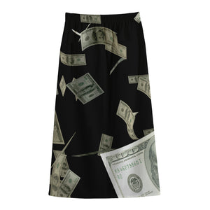 Flying US Dollar Print Cotton Front Slit Maxi Skirt