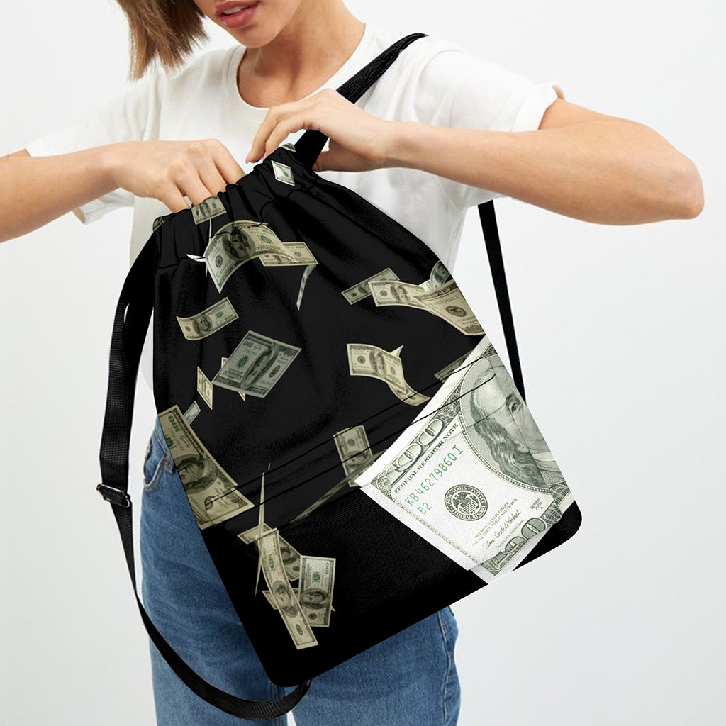 Flying US Dollar Print Drawstring Backpack