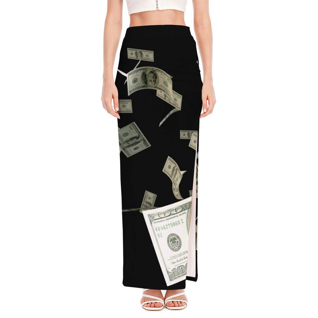 Flying US Dollar Print High Slit Maxi Skirt